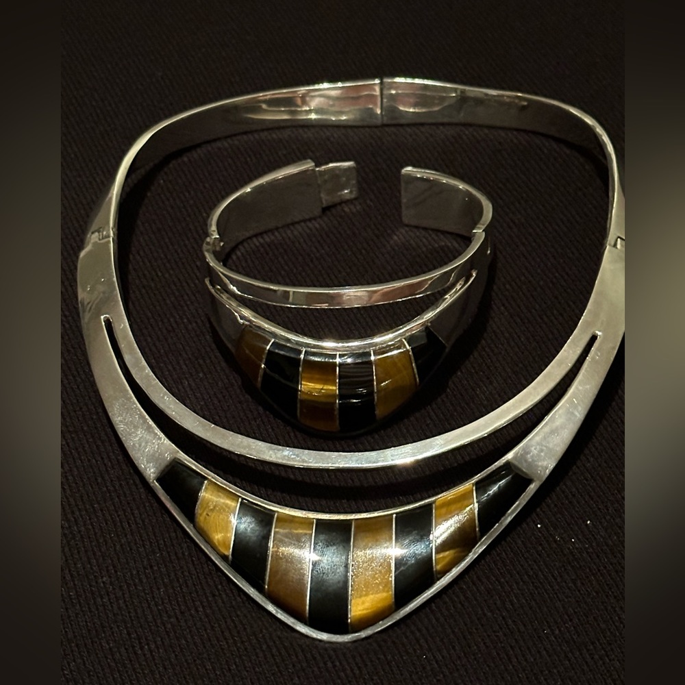 Alicia Mexican Silver Jewelry -  Striped Tigers Eye Necklace Collar & Bracelet.